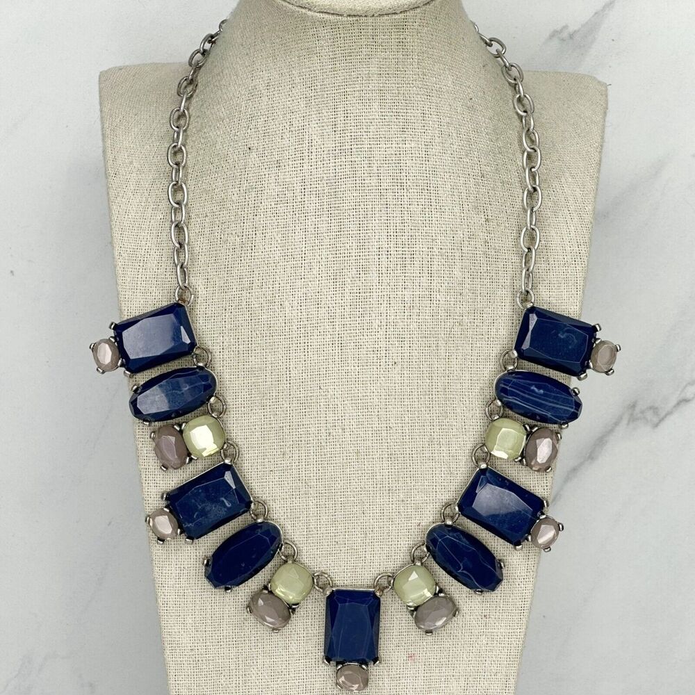 Chicos Blue Rhinestone Crystal Bib Statement Silver Tone Necklace ✨